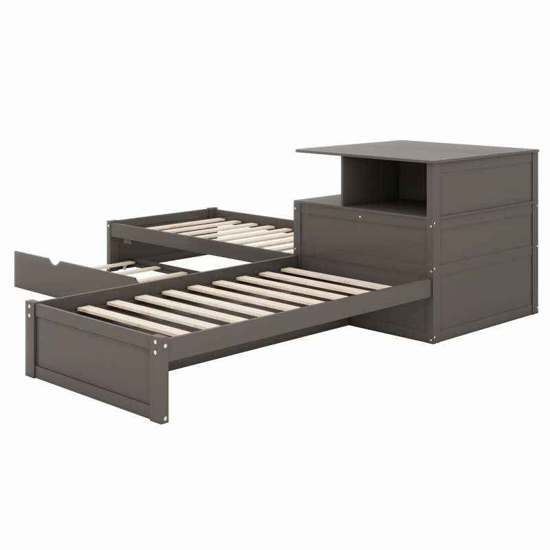 Lit en L peu encombrant avec bureau, tablettes de rangement, lit gigogne et lumières DEL, Gris