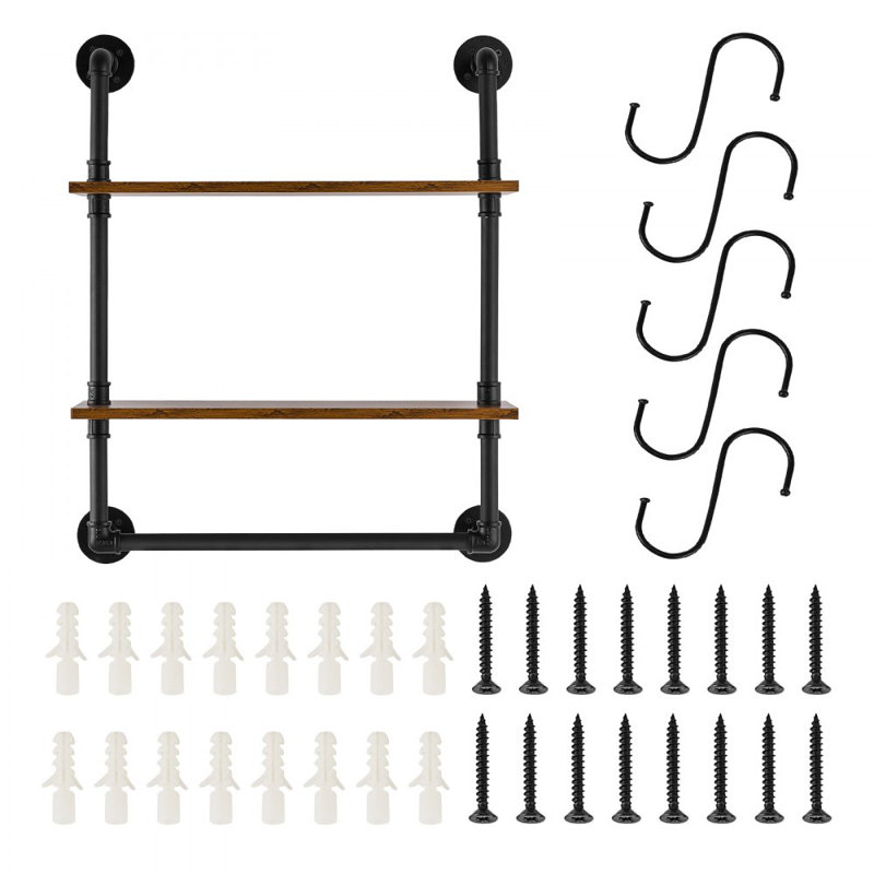 Black and Brown Industrial Steel and Wood Wall-Mount Accent Shelf
