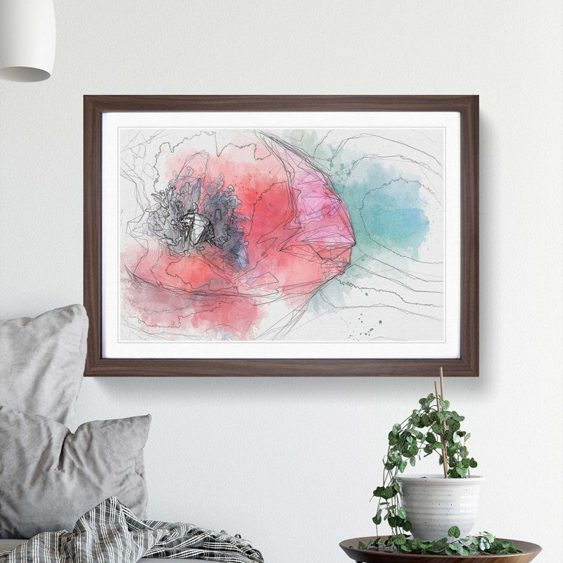 Eye of a Red Poppy Flower in Abstract - Picture Frame Graphic Art Print, 27cm H x 36cm W x 2cm D, Walnut Framed