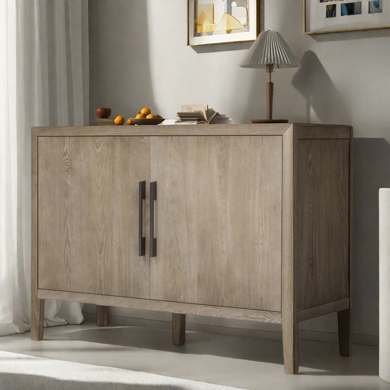 Buffet avec 2 poignées en métal, 2 portes et grain de bois, Naturel