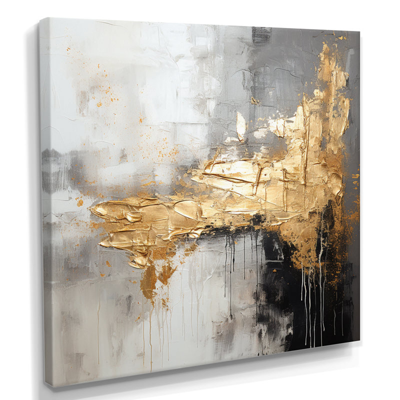 Émergence d'ombre, blanc, gris, noir, or - Art mural abstrait, H 36 po x l 36 po x P 1,5 po, Toile tendue