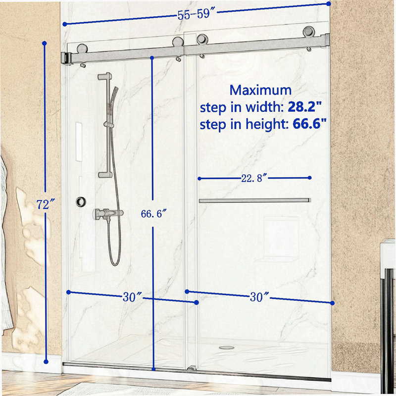 Porte de douche coulissante double sans cadre pour salle de bain, Noir mat