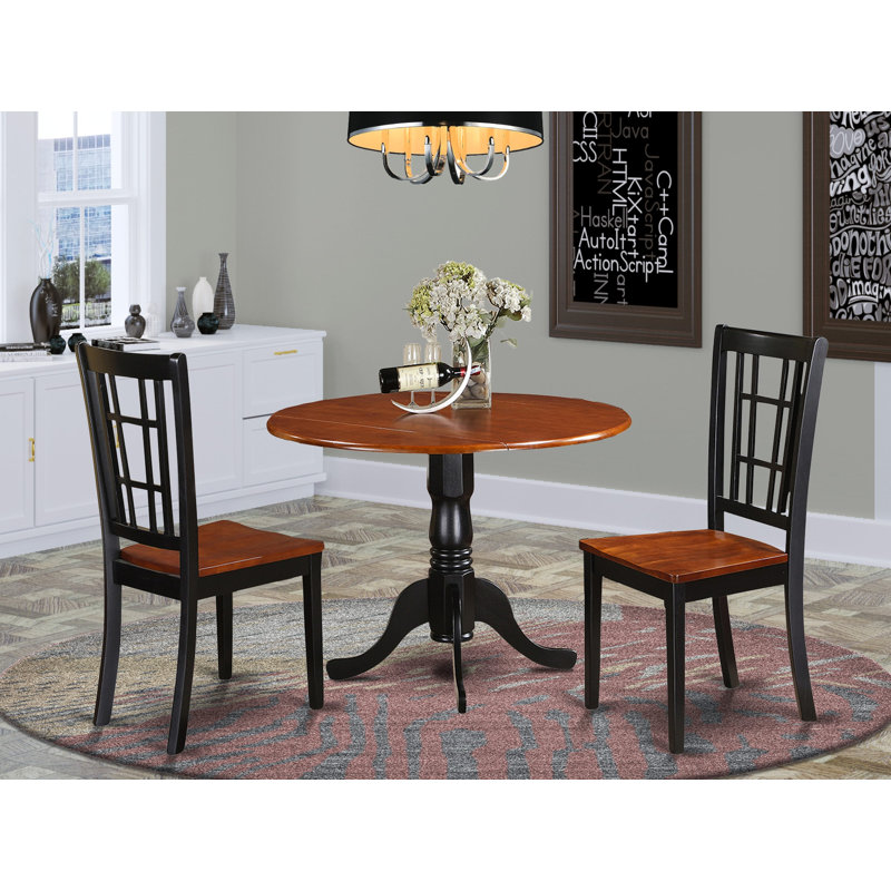 L'ensemble de salle à manger 3 pièces contient une table de salle à manger ronde avec Dropleaf et 2 chaises de cuisine, 42 po x 42 po, noir et cerise