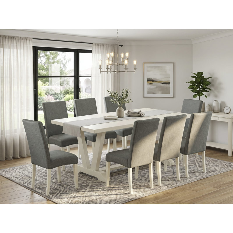 9 Piece Modern Dining Table Set Includes a Rectangle Dining Room Table with V-Legs and 8 Gray Linen Fabric Upholstered Chairs, Wire Brushed Linen White
