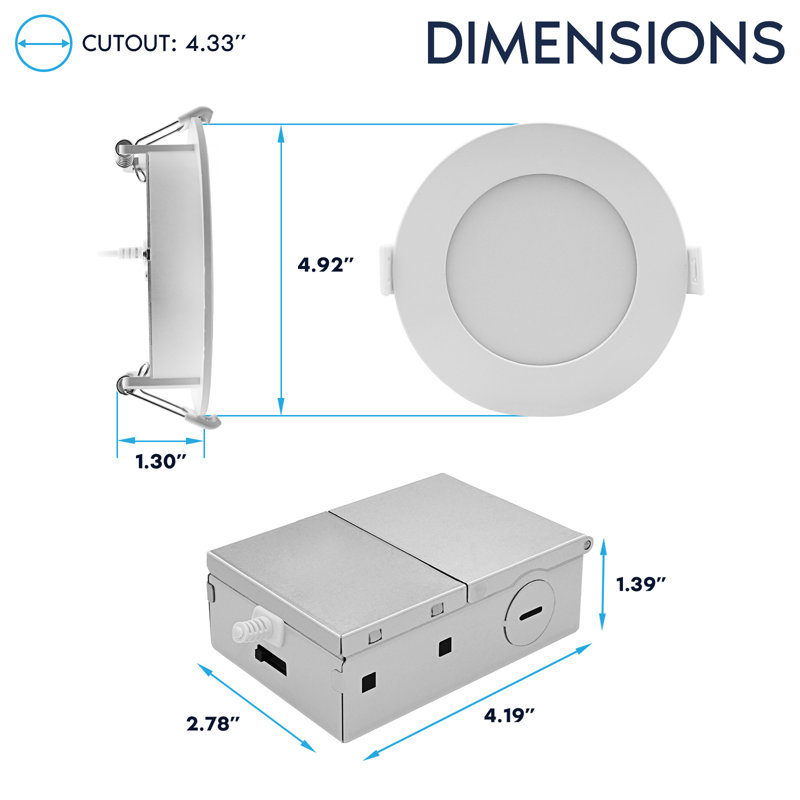 Luxrite 4 po Éclairage encastré à DEL, mini projecteur rétroéclairé ECO, 5CCT 2700K-5000K, 1000LM, 11W, faisceau à intensité variable à 100 °, triac 10% à 100% classé ETL