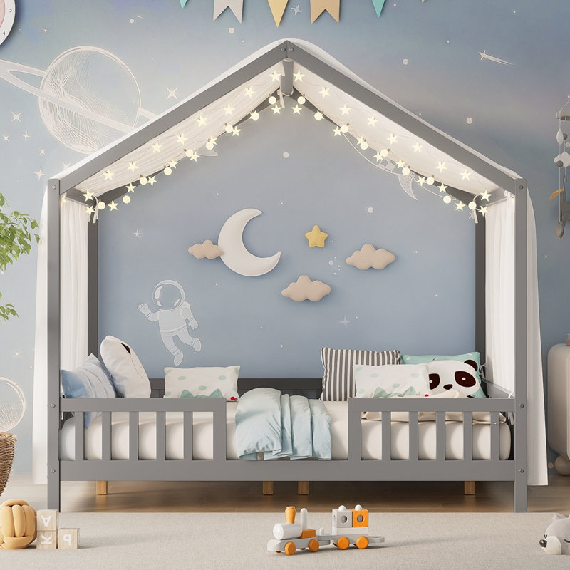 Lit de sol avec baldaquin Montessori, Gris, Double