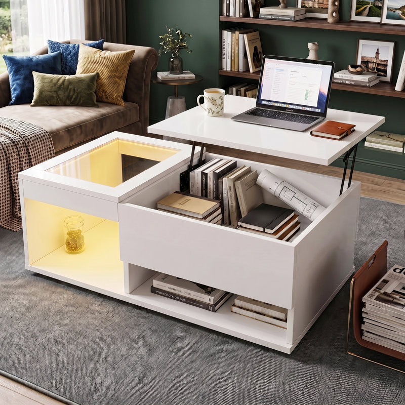 100cm Coffee Table with Lift Top & RGB LED Lights, Modern High Gloss Living Room Storage Table with Glass Display, White