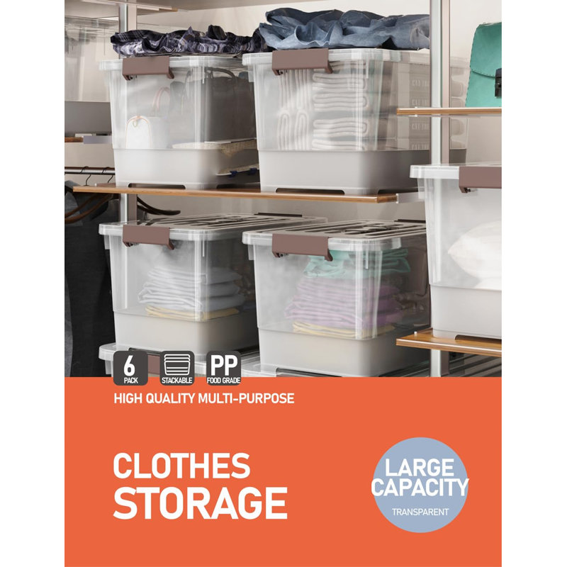 32 Qt Plastic Clear Storage Bin with Durable Lids and Latching Buckle, 6-Pack Tote Organizing Box Stackable and Nestable