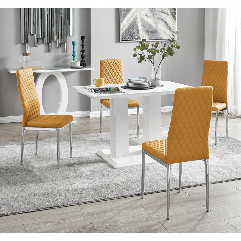 5-Piece Wood Dining Table Set with 4 Faux Leather Upholstered Chairs and Rectangular Table, White, Mustard/Silver