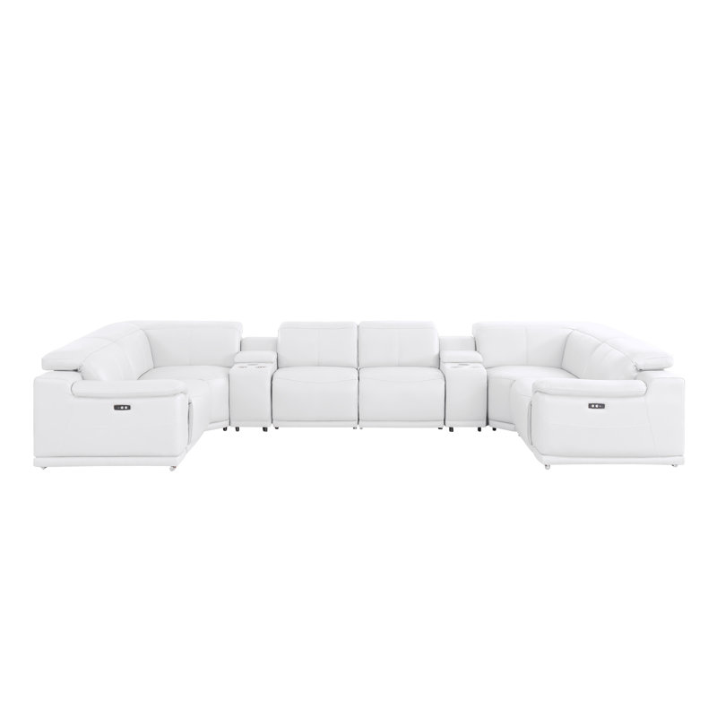8-Piece U-Shaped Power Reclining Sectional In Genuine Leather – 4 Recliners, White Top Grain Leather