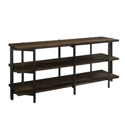 Contemporary Narrow Office Bookcase Fashioned From Brown Engineered Wood, 2 Horizontal Shelves, 1" Thick Top, Powder Coated Frame, Fits 55" Tv  70 Lbs Or Less , Quick Assembly Project For Workspace,