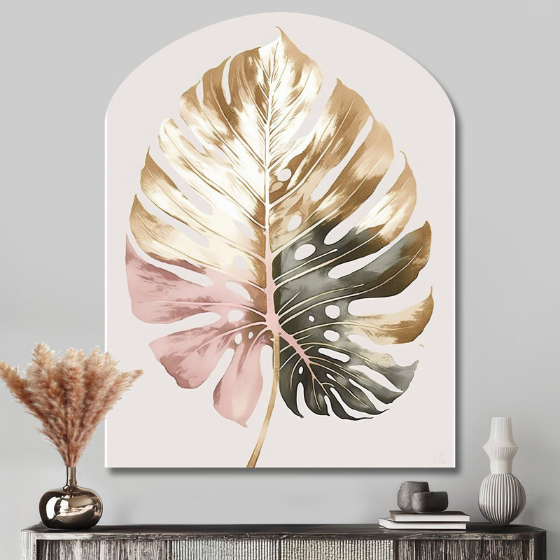 Or et blanc feuille de philodendron II - arche de décoration murale en métal florale, sculpture murale asymétrique en métal