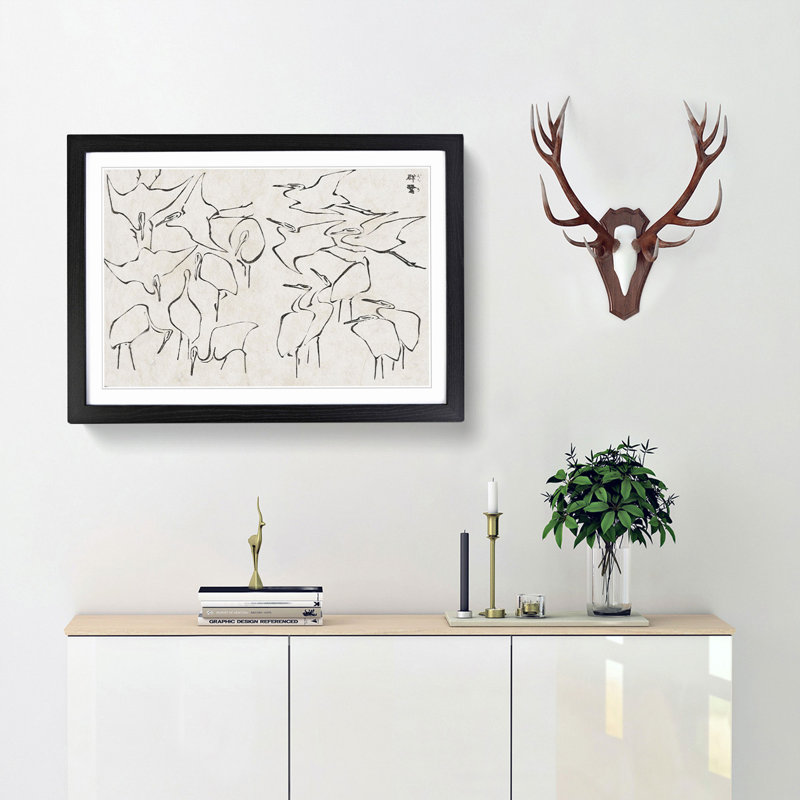 Cranes by Katsushika Hokusai - Picture Frame Painting Print, 36cm H x 48cm W x 2cm D, Black Framed