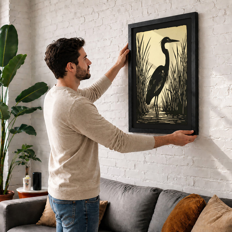 Wading Bird in Reeds Minimalist - Framed Print, Oak, A4 - 29.7 x 21.0 cm
