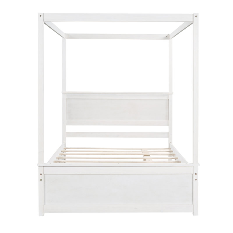 Wood Canopy Bed With Trundle Bed ,Size Canopy Platform Bed With Support Slats .No Box Spring Needed, Brushed