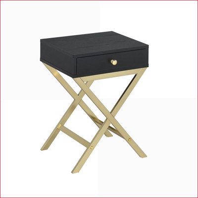 Table basse noire et laiton avec 1 tiroir, base en tréteaux en X pour le salon, peu encombrante et facile à assembler