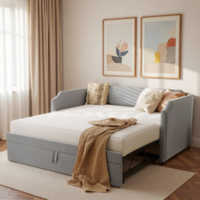 Velvet Upholstered Daybed With Pop Up Trundle And Nail Head Decoration
