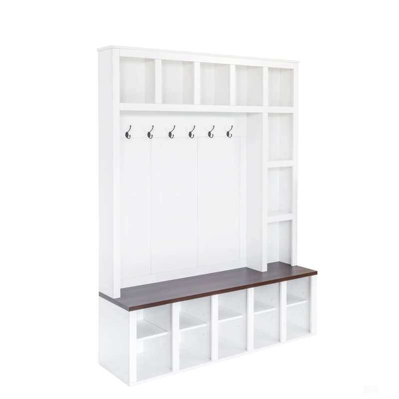 Farmhouse Wooden Style Hall Tree With 6 Hooks, Practical Walnut Storage Bench, 4-In-1 Entryway Organizer, White/Walnut