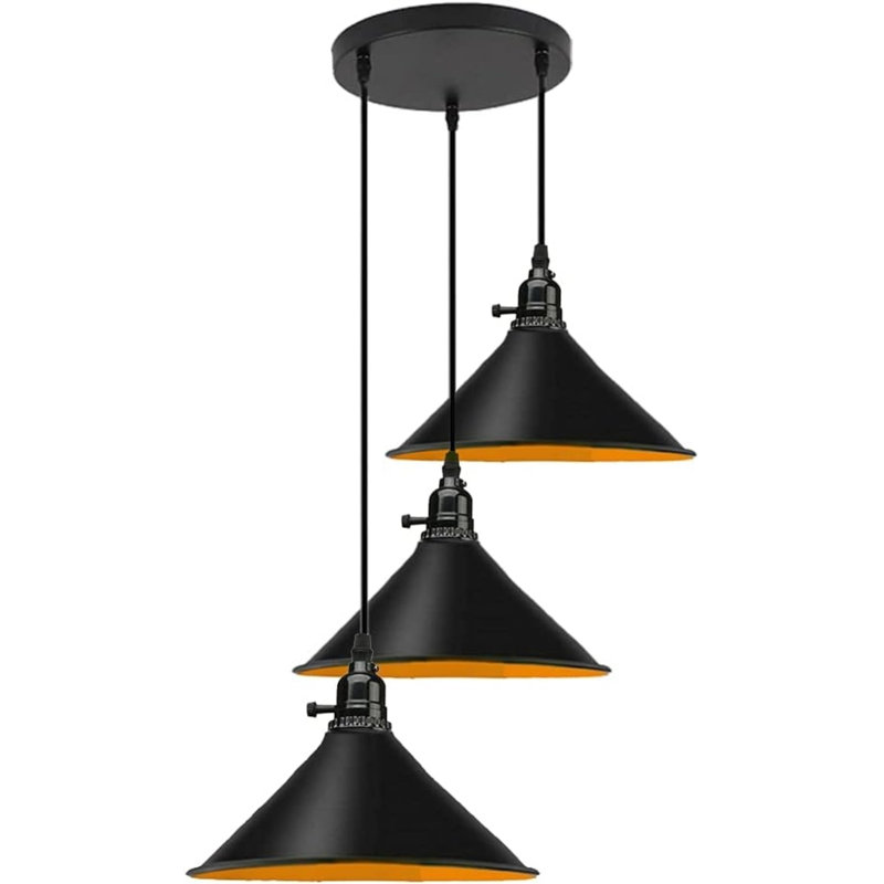 3-Light Cone Pendant Light – Industrial Kitchen Island Ceiling Fixture with Adjustable Height & E27 Bulbs, No