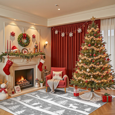 Tapis de Noël antidérapant pour le salon - Tapis lavable à poils courts avec arbre de Noël, renne et flocon de neige - Décoration de maison de vacances douce pour la chambre à coucher, la salle à manger