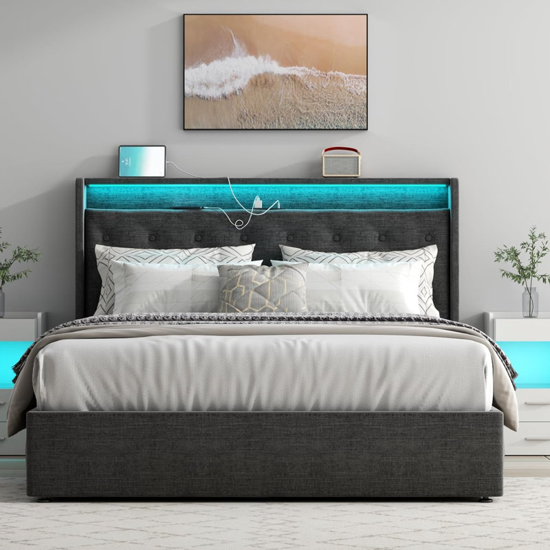 Dark Gray Queen Upholstered Hydraulic Storage Bed with LED Headboard