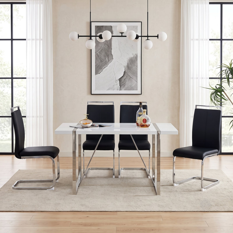 5-Piece Modern Glam Rectangular Dining Set with Faux Leather Chairs, Black, 5