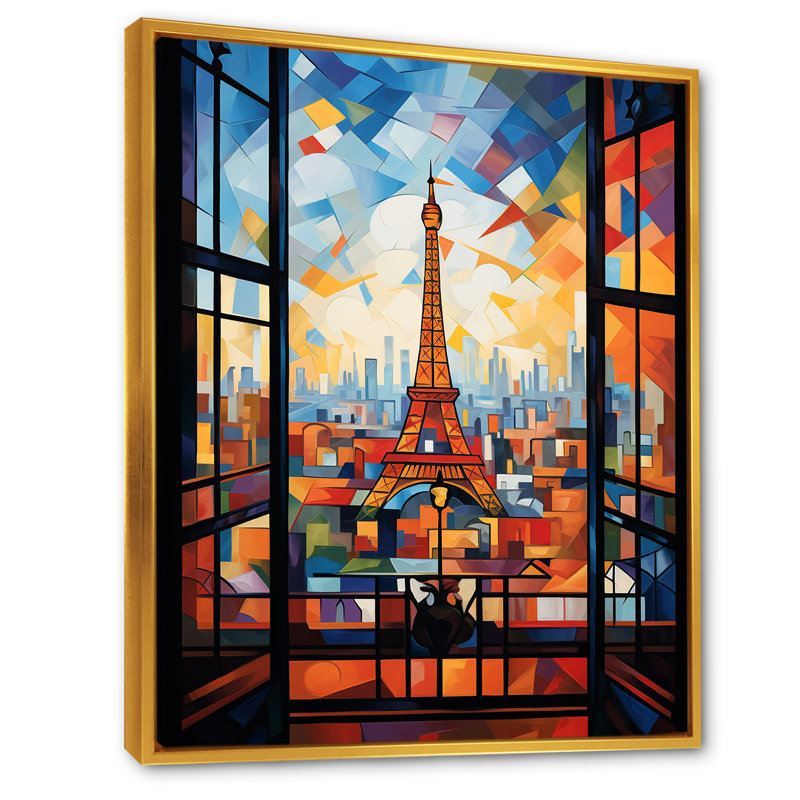 Cubic Paris Window View Elegant Sunset II - City Paris, art mural, Cadre flottant doré, H 44 po x l 34 po x P 1,5 po
