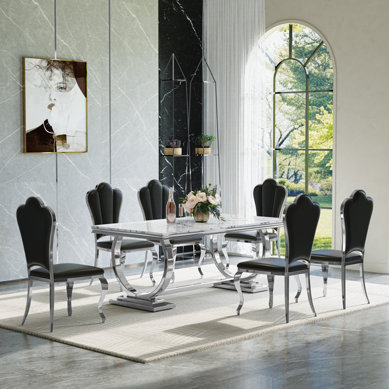Ensemble de table de salle à manger 7 pièces, table de salle à manger en placage de marbre et 6 chaises en cuir, Marbre blanc