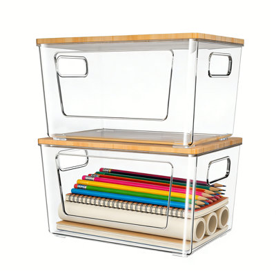2-Pack Stackable Trash Bag Holder With Bamboo Lid For Kitchen And Laundry