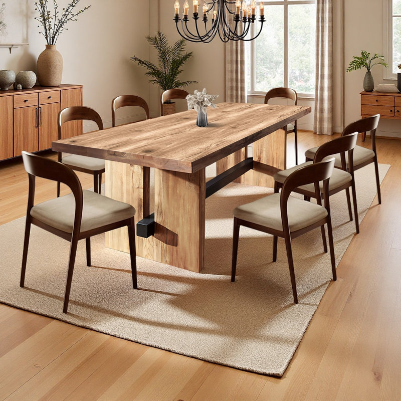 Ensemble de table de salle à manger de style industriel en bois massif rectangulaire, jumelé à huit chaises rembourrées en coton et en lin