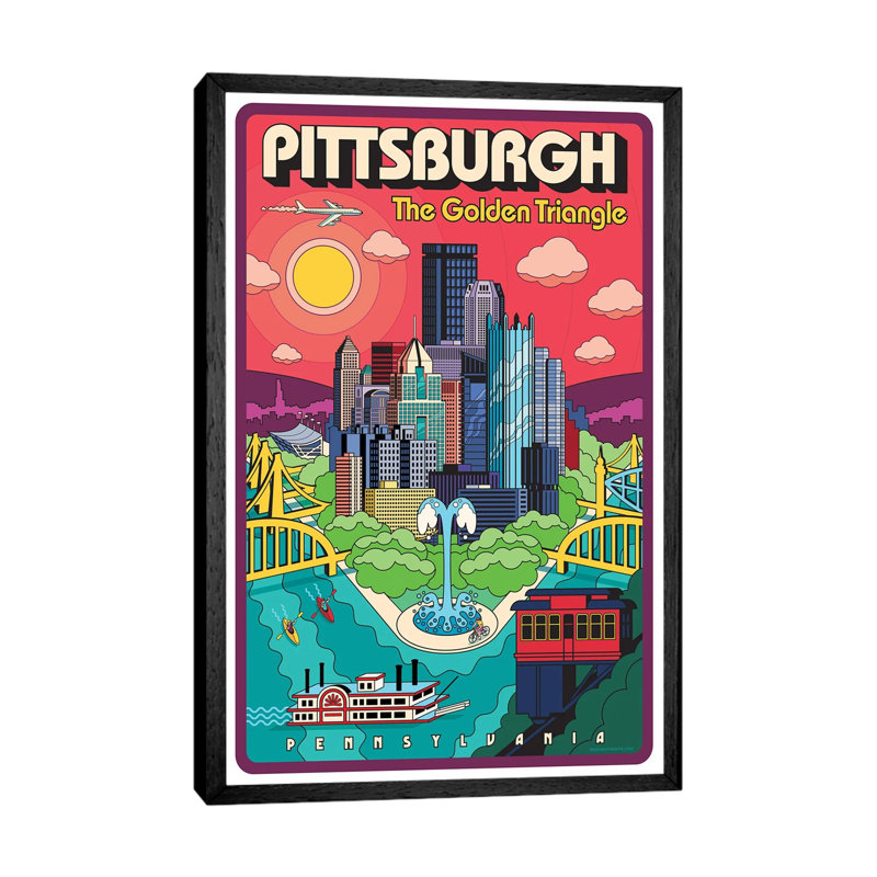 Pittsburgh Pop Art Travel 1 Piece Wall Art on Canvas, 101.6cm H x 66.04cm W x 3.81cm D, Black Framed