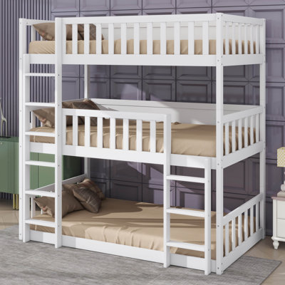 Twin-Sized Three-Tier Rubber Wood Bunk Bed, Fully Equipped With Ladders And Guardrails