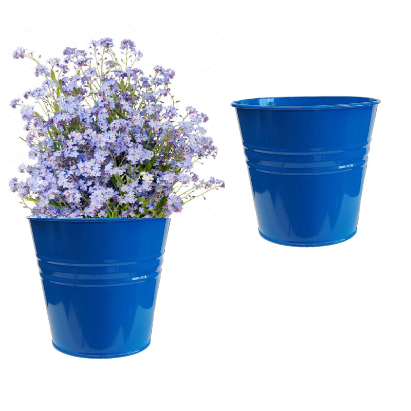 Enameled Galvanized Steel Planter For 6.5" Plants. Set Of Two, Blue