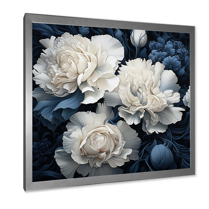 " White Blue Carnations Arrangement V ", 24" H x 24" W x 1" D, Silver Picture Frame