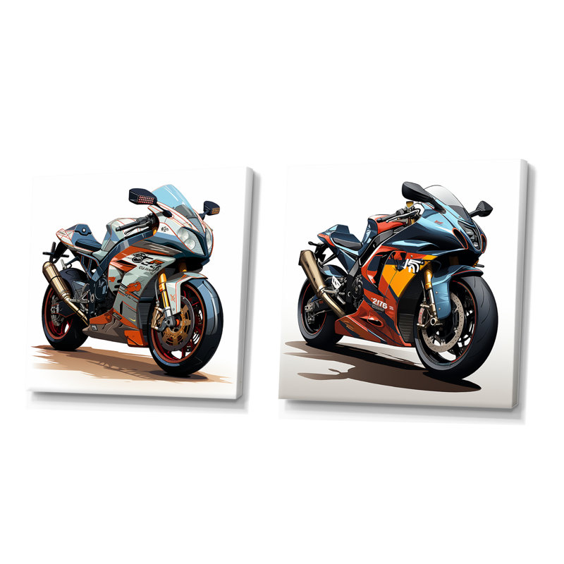 Orange et noir Sleek Speed Moto I - ensemble d'art mural toile sur toile 2 pièces, Toile tendue, H 16 po x l 33 po x P 1 po