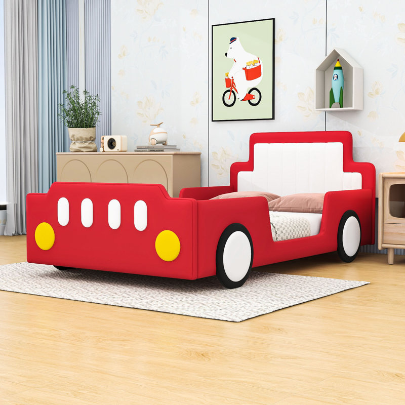 Upholstered Twin Race Car-Inspired Platform Bed With Guardrails And Sturdy Slats, Red