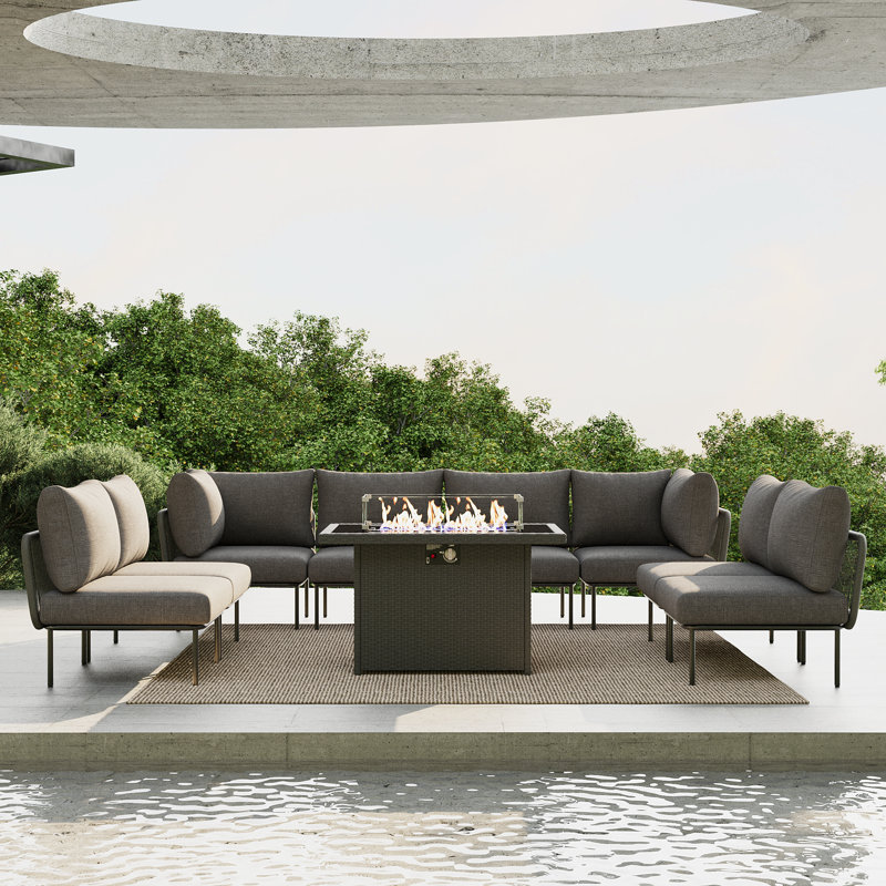 Ebern Designs 9 Pieces Aluminum Patio Furniture Set, Modern Modular Sectional Sofa with Fire Pit Table and Upgrade Thickness Cushion