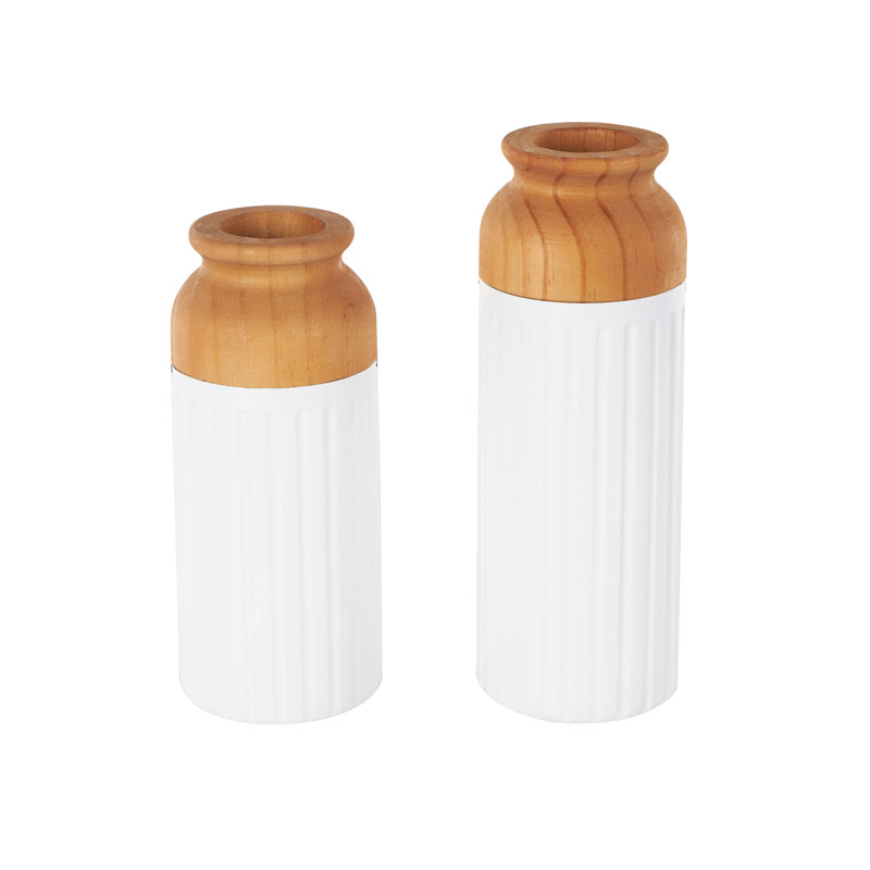 Cole And Grey Metal Color Block Decorative Vase With Rounded Linear Grooves And Brown Wood Tops, White