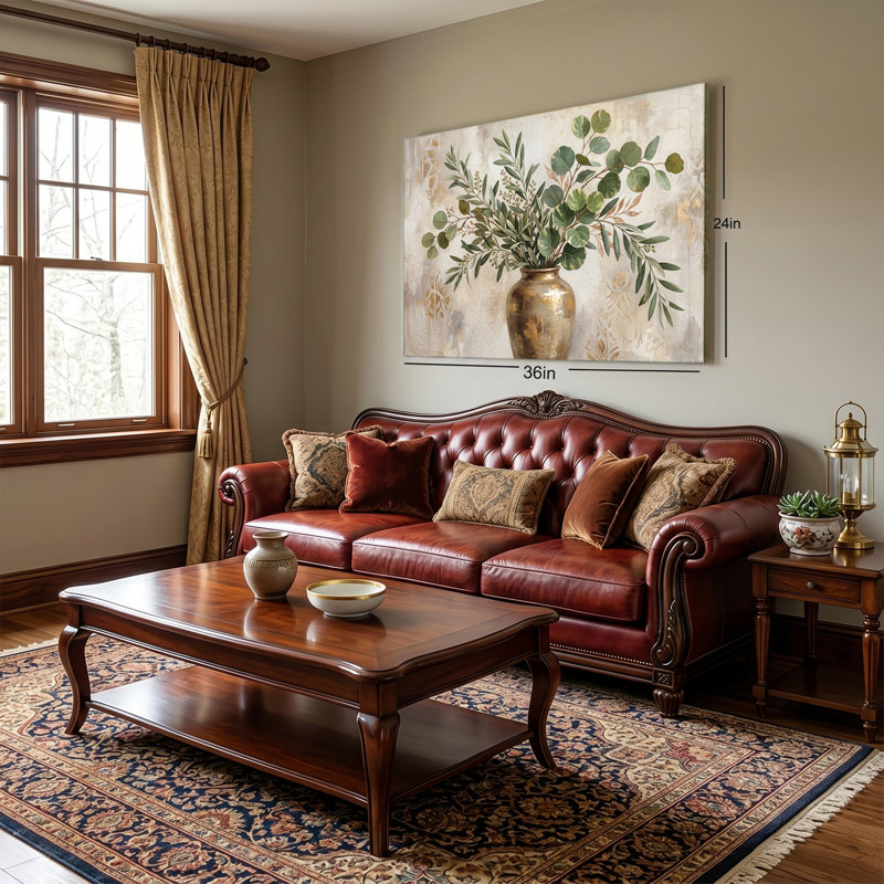 «Eucalyptus and Olive Branches in Gold Vase Gallery», art mural sur toile tendue, 20x30in