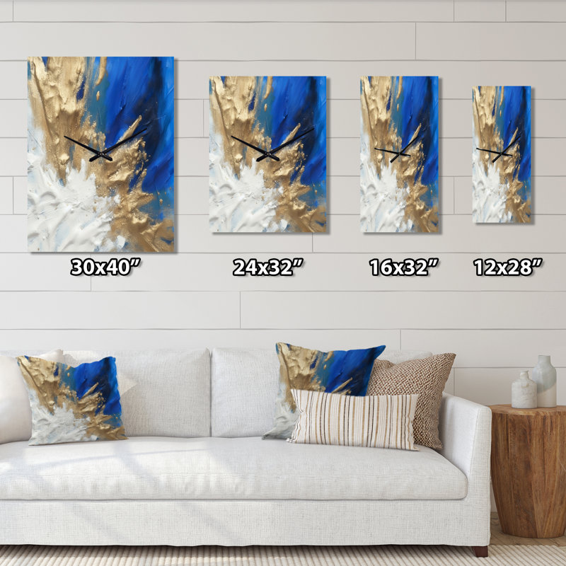 Transcendance abstraite en bleu et or II - Peinture abstraite horloge murale surdimensionnée, Petit