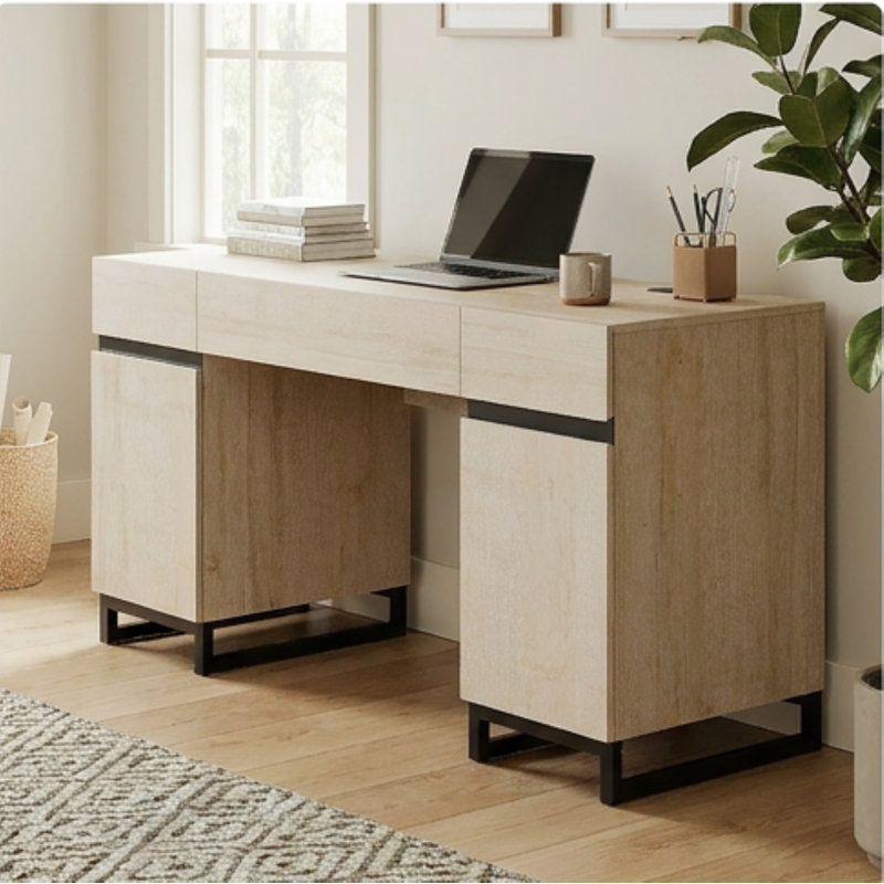  Bureau de direction moderne en bois de 59 pouces, bureau d'écriture d'ordinateur avec station de charge, tiroir classeur et armoire de rangement