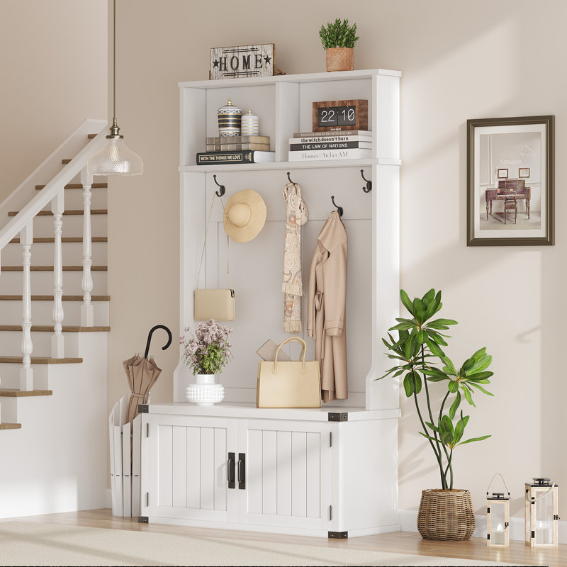 Arbre d'entrée blanc 3 en 1 avec portemanteau, banc et rangement pour chaussures - tablette réglable et 5 crochets doubles - armoire de rangement pour vestibule, vestibule ou salon - blanc