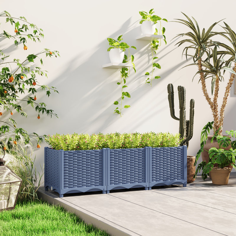 Lit de jardin surélevé en plastique, bac à fleurs extérieur 4 x 1 x 1 pi avec trous de drainage pour légumes, herbes, bleu