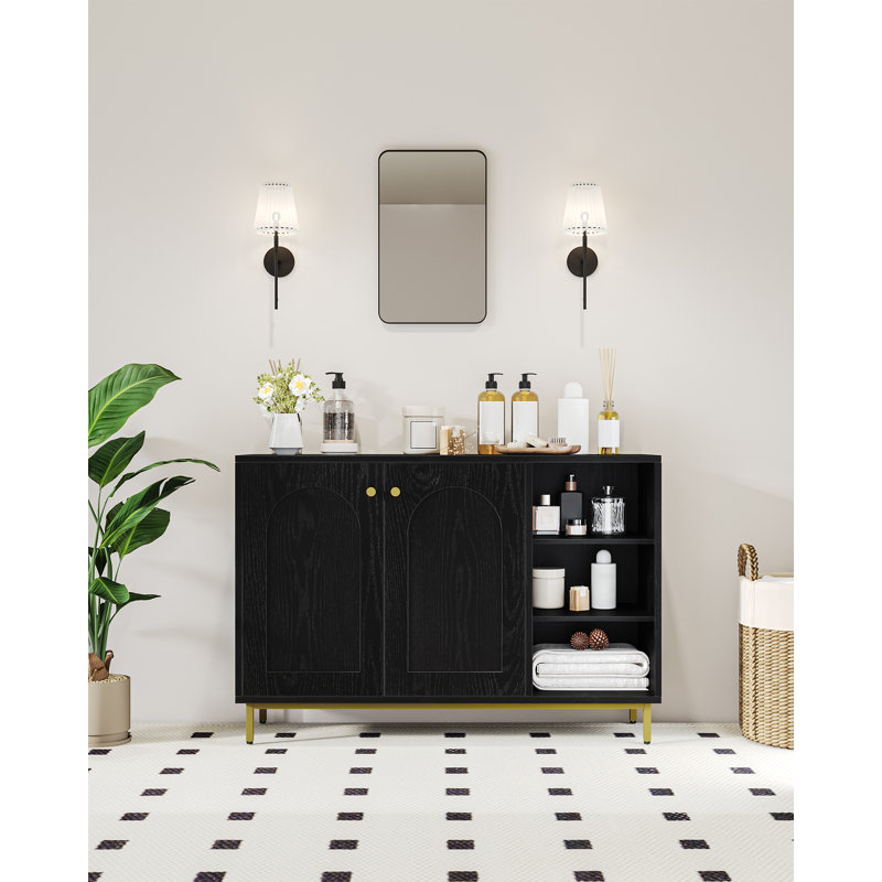 Bathroom Storage Cabinet, Bathroom Floor Cabinet with 3 Open Adjustable Shelves and 2 Doors, Freestanding Bathroom Storage Unit for Living Room, Entryway, Kitchen 