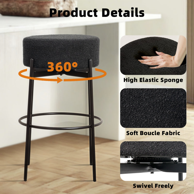 Swivel Upholstered Counter Stool with Metal Frame, Black