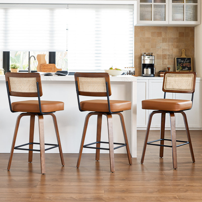 Swivel Counter Height Bar Stools Set of 3,Mid Century Modern Barstools with Rattan Back,27 inch Seat Height Solid Wood Kitchen Island Stools,Brown Faux Leather Upholstery Bar Chairs