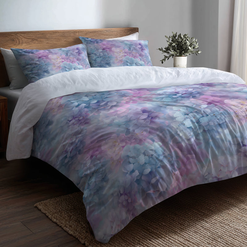 French Country Bedding Set Of 3 - Lavender Pastel Hydrangea Dream Duvet Cover And Throw Pillow Set