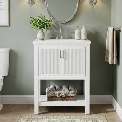 Meuble-lavabo simple 24 po avec plateau en céramique, meuble-lavabo autoportant avec cadre en bois massif et rangement pour porte