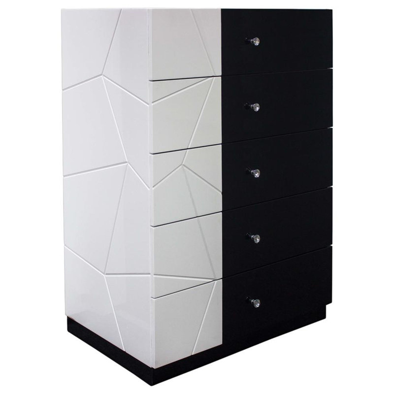 Unité de rangement moderne à 5 tiroirs avec commode en bois laqué, rangement à motif géométrique et poignée en cristal