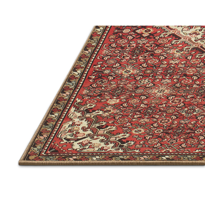 Tapis traditionnel rouge / brun / pêche, Rectangle 7 pi x 10 pi